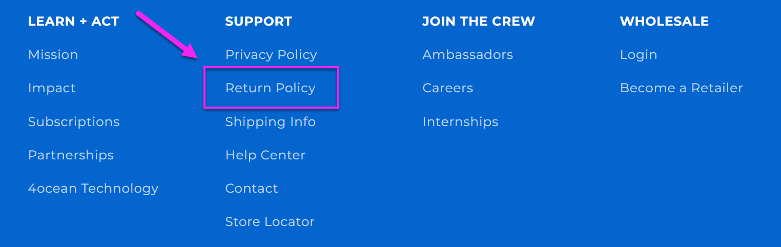 4Ocean Return Policy in Site Footer