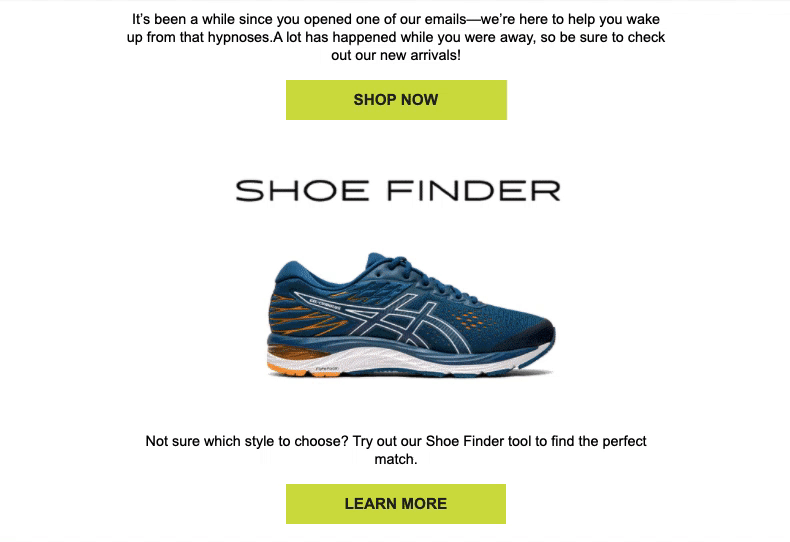 Asics Product Recommendation Hero Winback Email Campaign