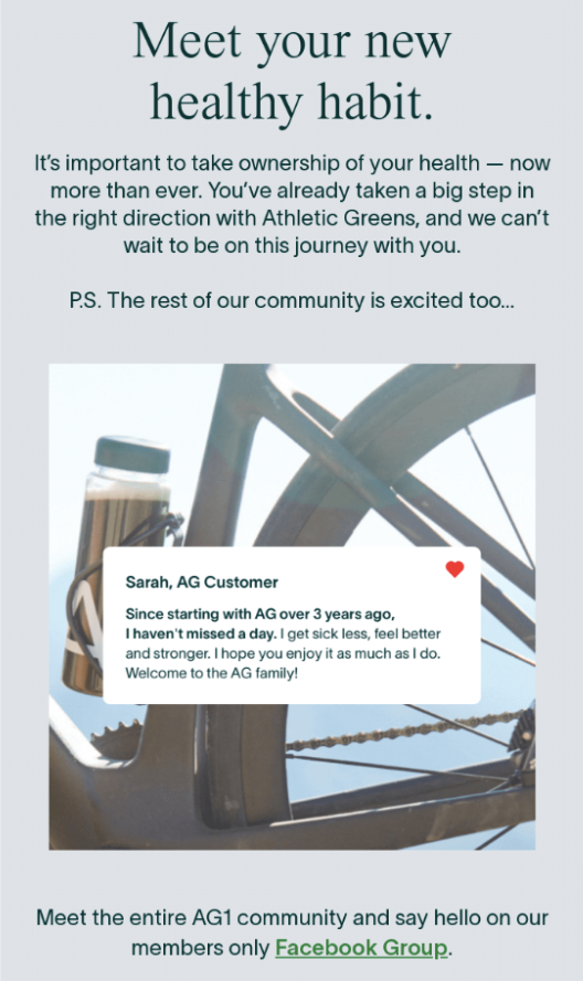 Athletic Greens Social Proof Post Purchase Order confirmation Marketing Automation