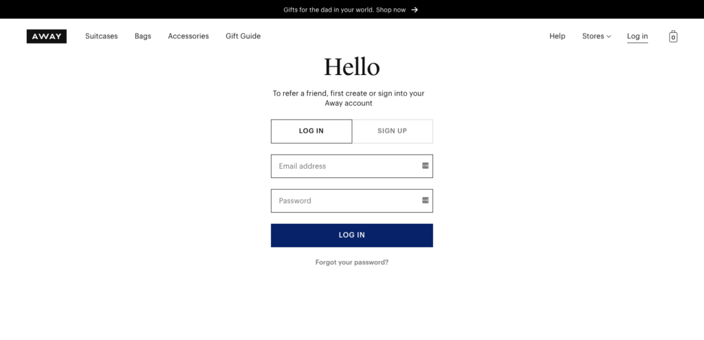 Away Login Page Email Marketing for Ecommerce