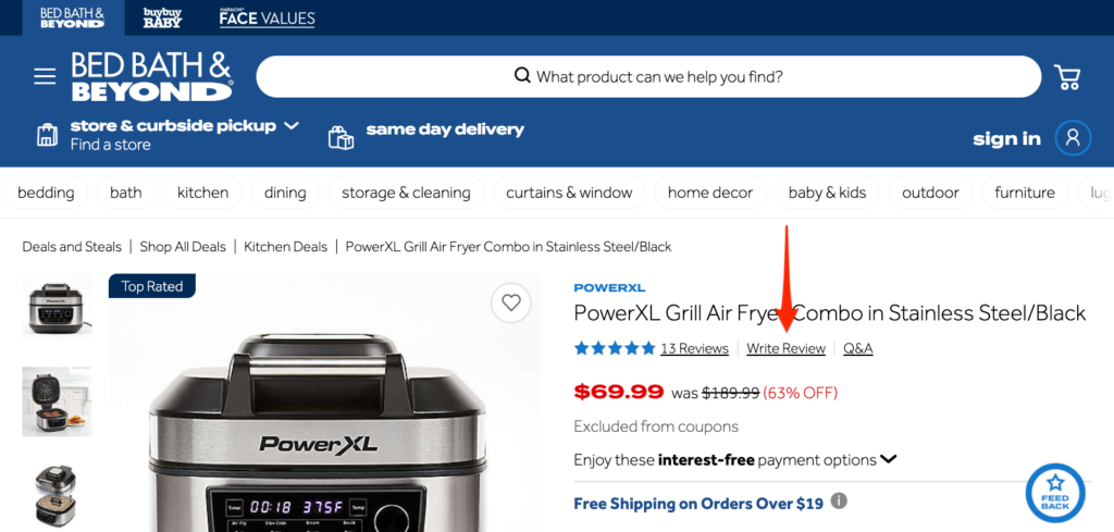 Bed Bath and Beyond Write a Review Call to Action (CTA) Examples