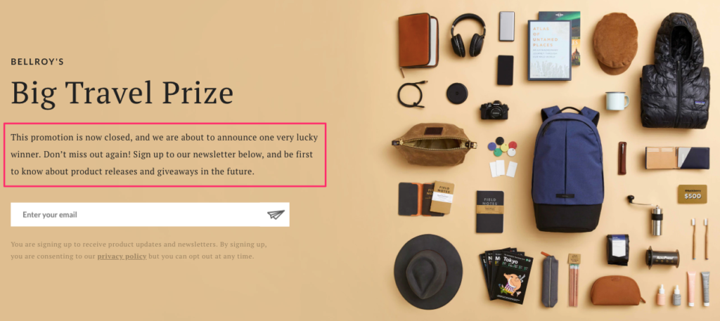 Bellroy Post-Giveaway Onsite Campaign Best Giveaway Ideas