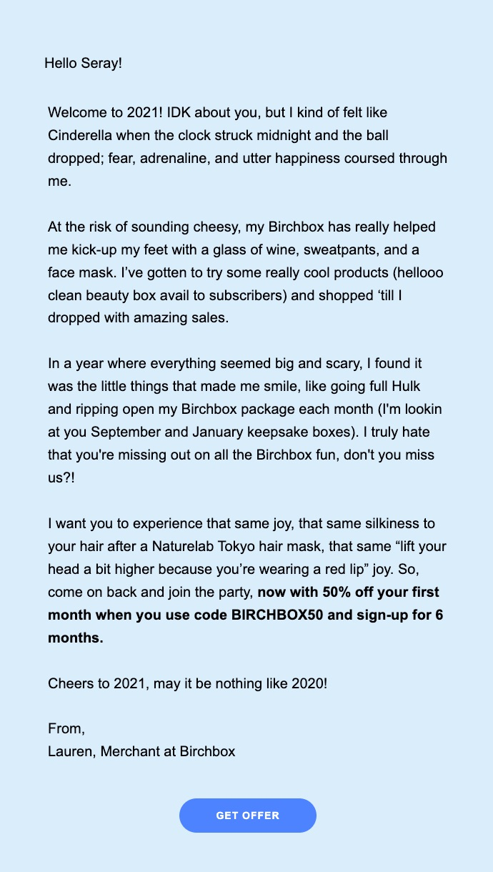 BirchBox Post Repeat Purchase Email