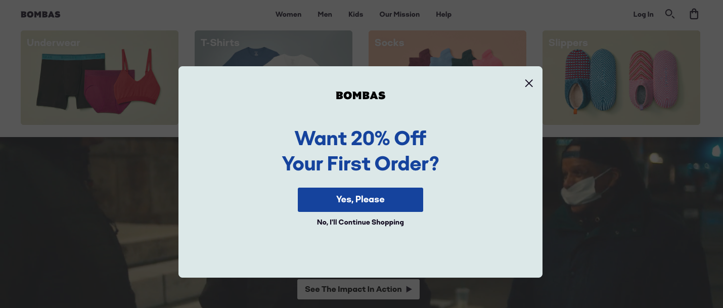 Bombas 20_ off Incentive Popup Example Email Marketing for Ecommerce