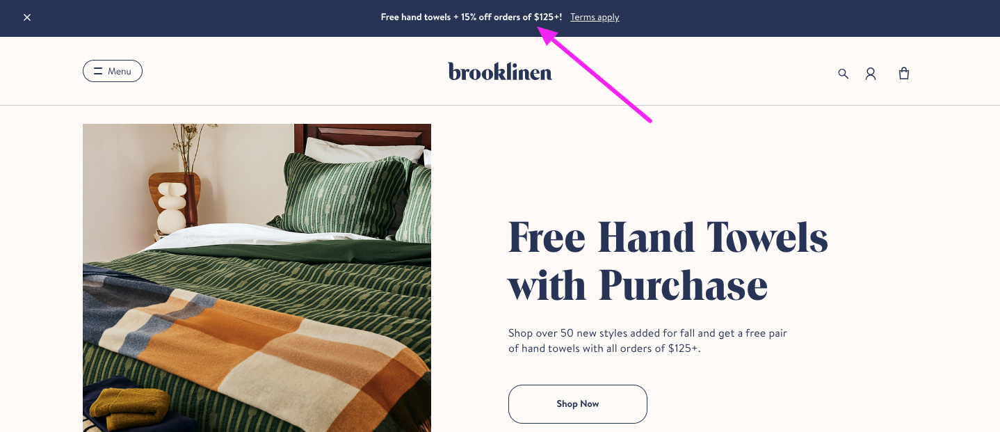 Brooklinen Hello Bar Email Marketing for Ecommerce