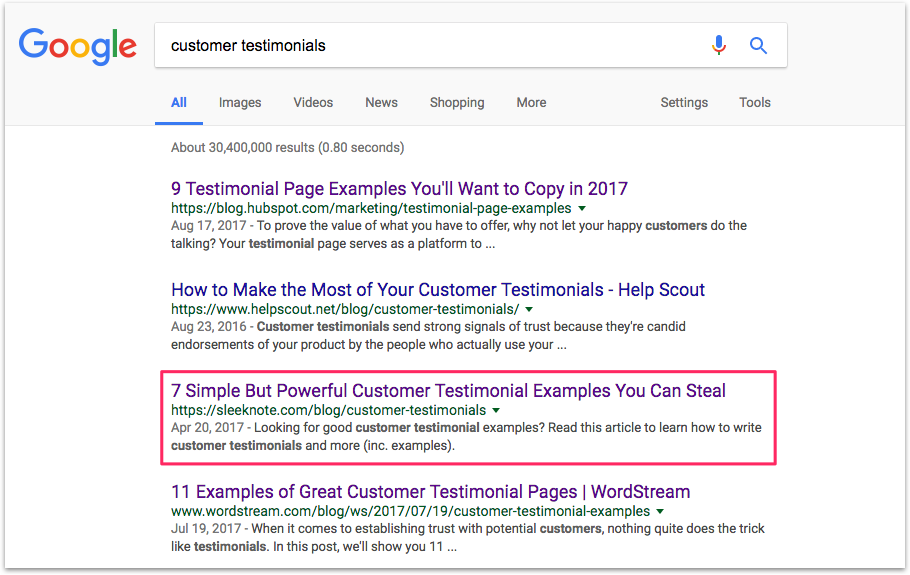 Customer Testimonials SERP Competitive Landscape Analysis