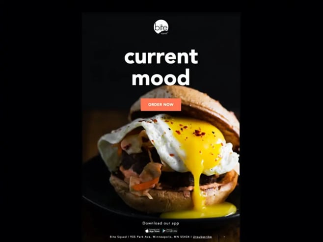 A screenshot showing a gourmet burger, food not typical of old-school food delivery services.