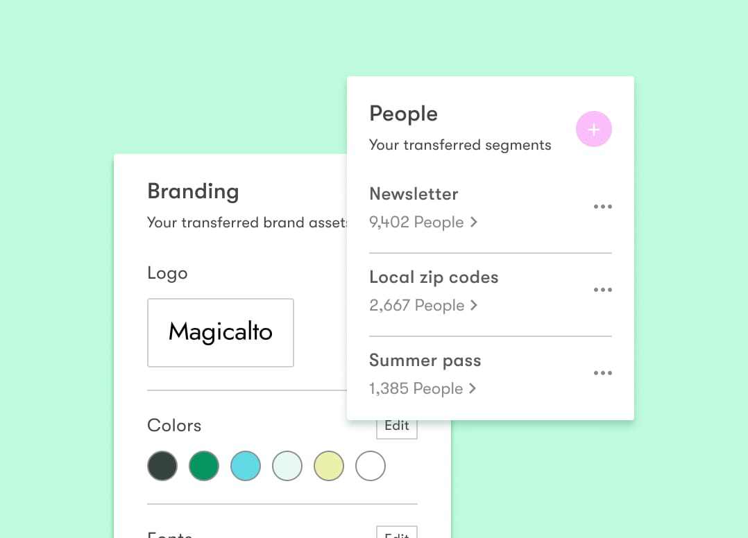 Two windows displaying transferred brand assets and customer/audience segments via Drip's migration and onboarding services to our email platform for ecommerce stores.