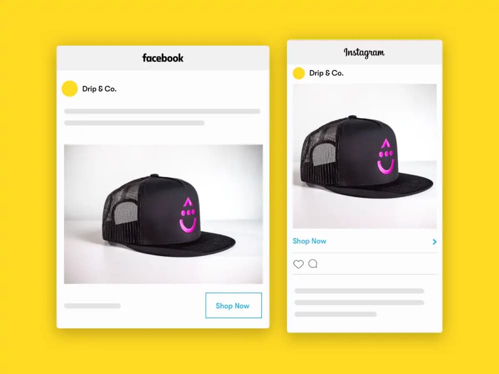 Screenshots of a Facebook ad and an Instagram ad shown to people adding to a Facebook Custom Audience within a Drip workflow.