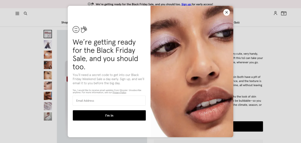 Glossier Newsletter Popup Call to Action (CTA) Examples
