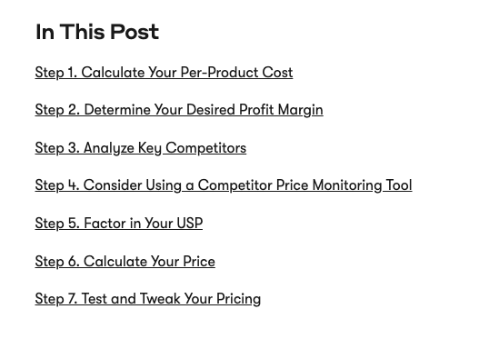 How to price a product blog post table of contents