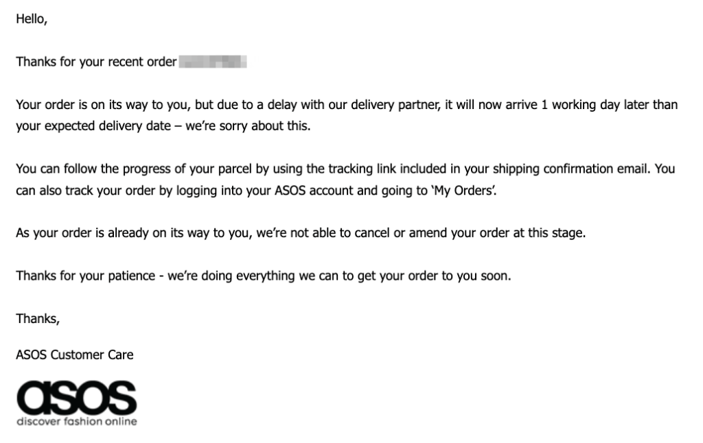 ASOS Delivery Delay Update