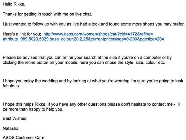 ASOS Live Chat Follow-Up Email