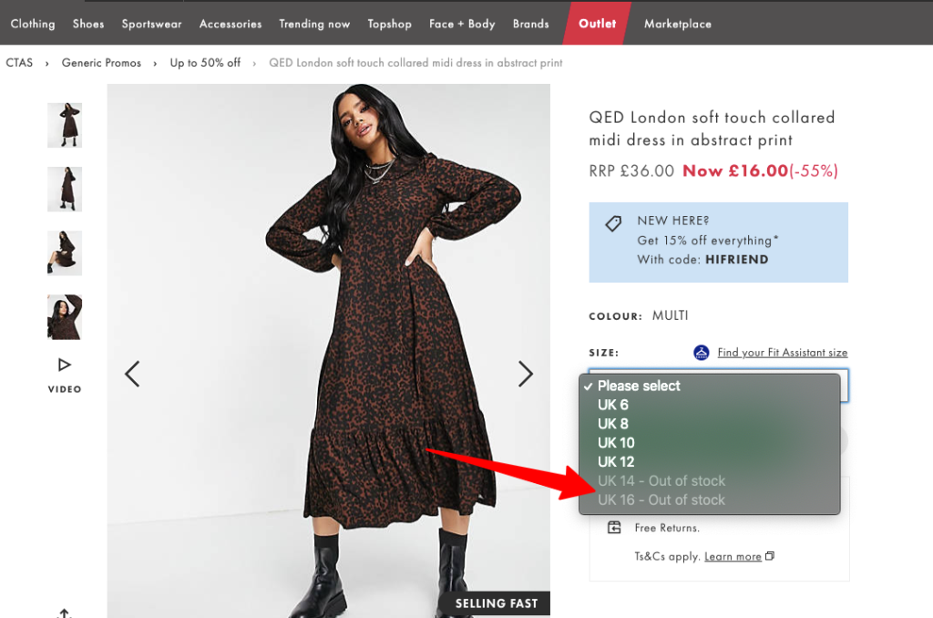 ASOS Product Page Out of Stock Dropdown Menu