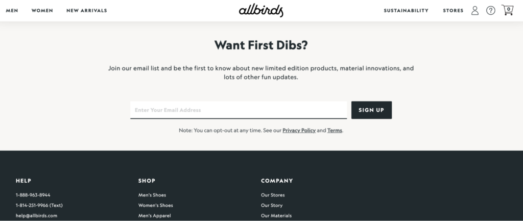 Allbirds Signup Form on Homepage