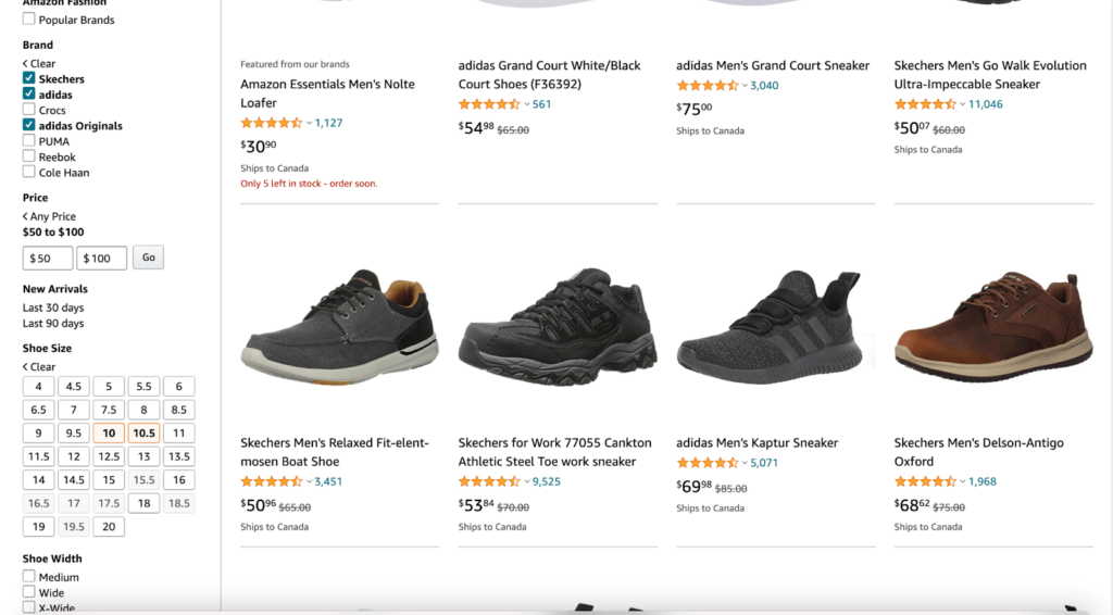 Amazon Shoes Product Filter