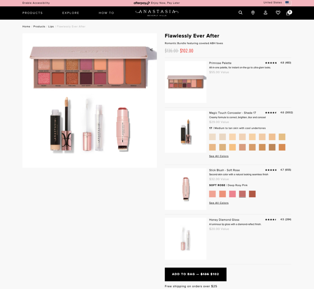 Anastasia Beverly Hills Product Bundling on Product Page