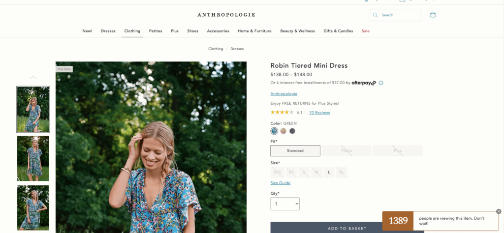 Anthropologie Product Page With Urgency