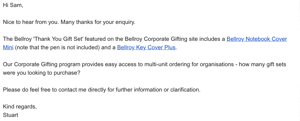 Bellroy Corporate Gifting Sales Email