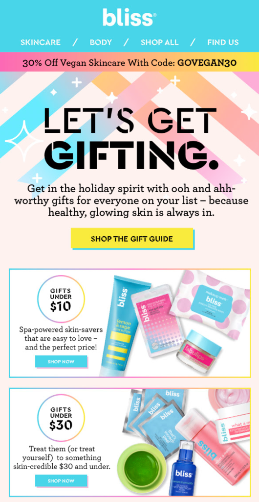 Bliss Gift Guide Email for Christmas
