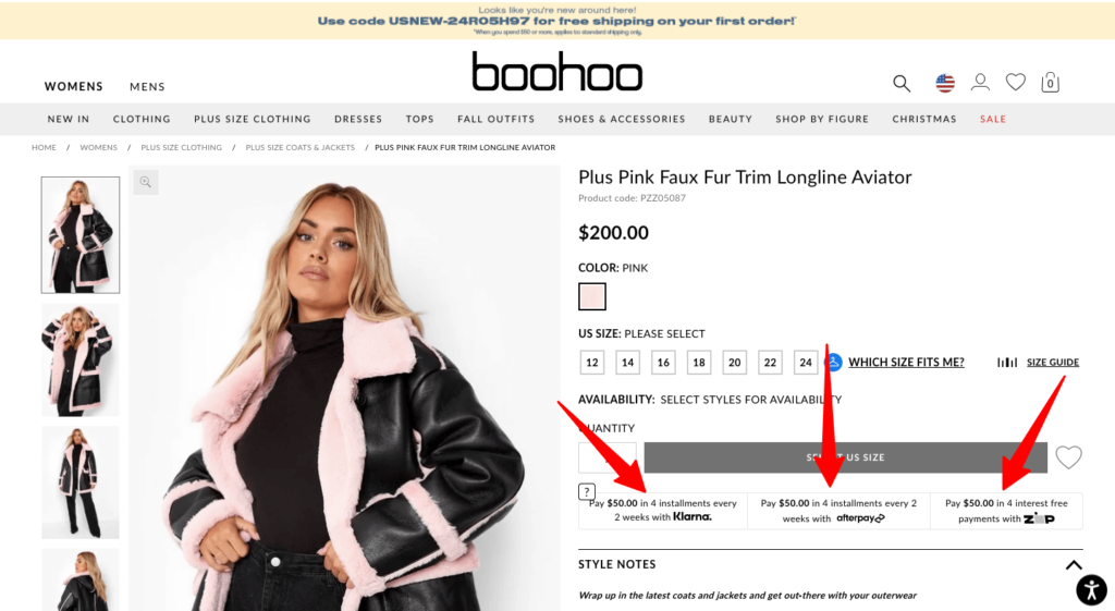 Boohoo Product Page With Buy Now Pay Later