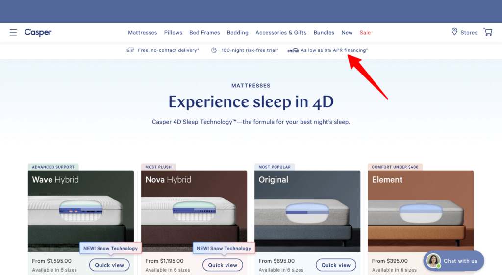 Casper Category Page With Buy Now Pay Later