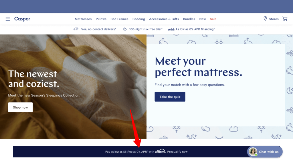 Casper Homepage With Buy Now Pay Later