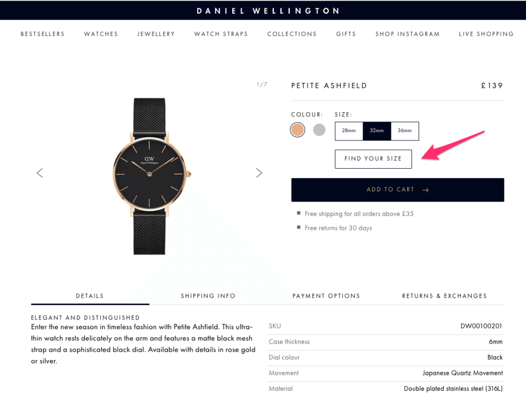 Daniel wellington size chart on sale