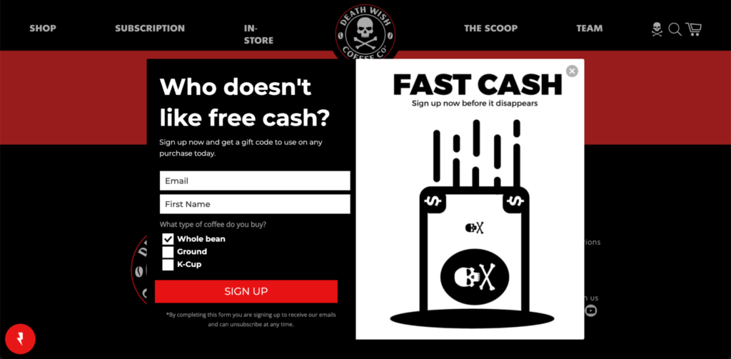 Death Wish Coffee Popup on Homepage