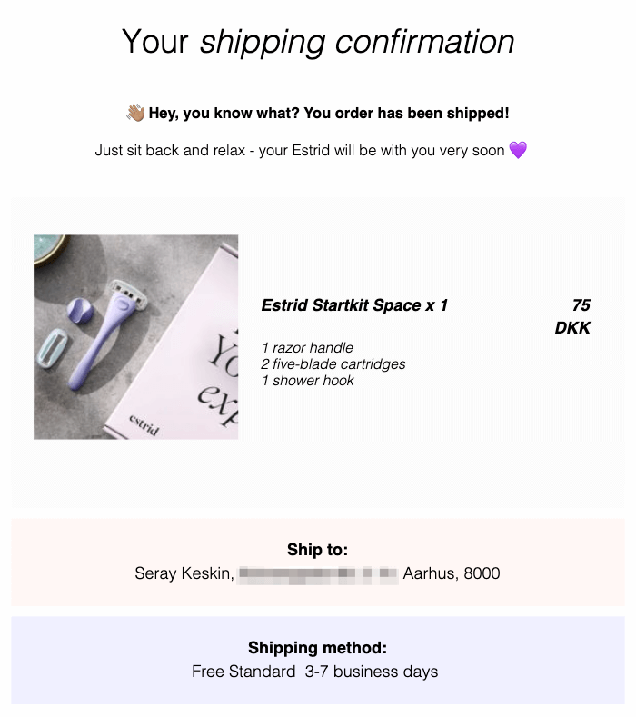 Estrid Shipping Confirmation Email