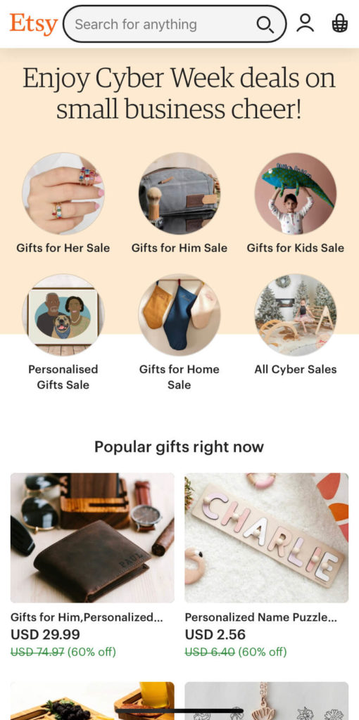 Etsy Mobile Homepage With Cyber Week Deals