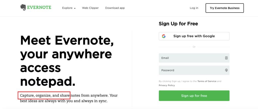 Evernote Home Page