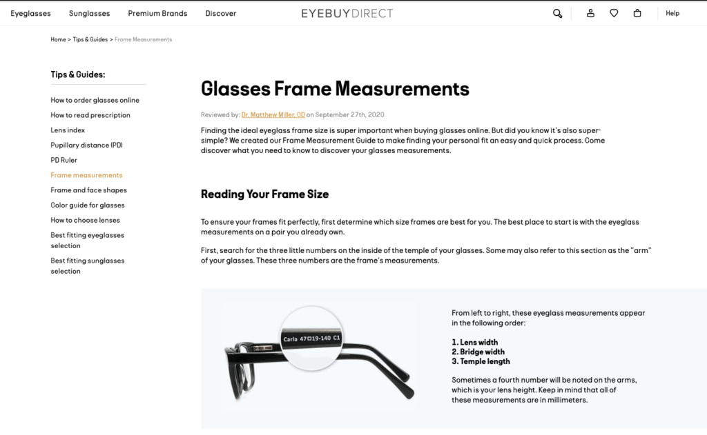 EyeBuyDirect Size Guide Landing Page