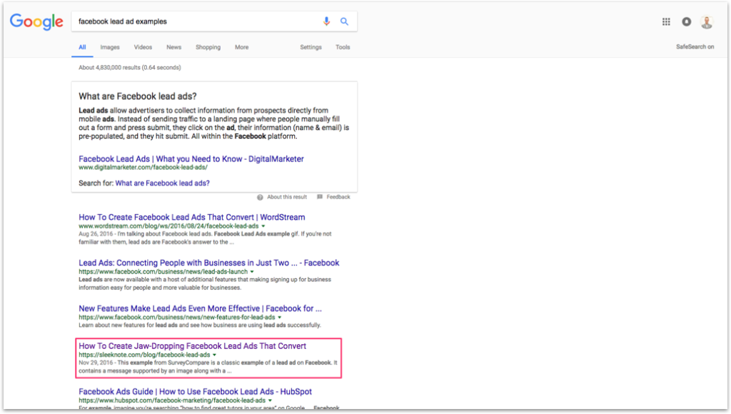 Facebook Lead Ad Examples in SERPs