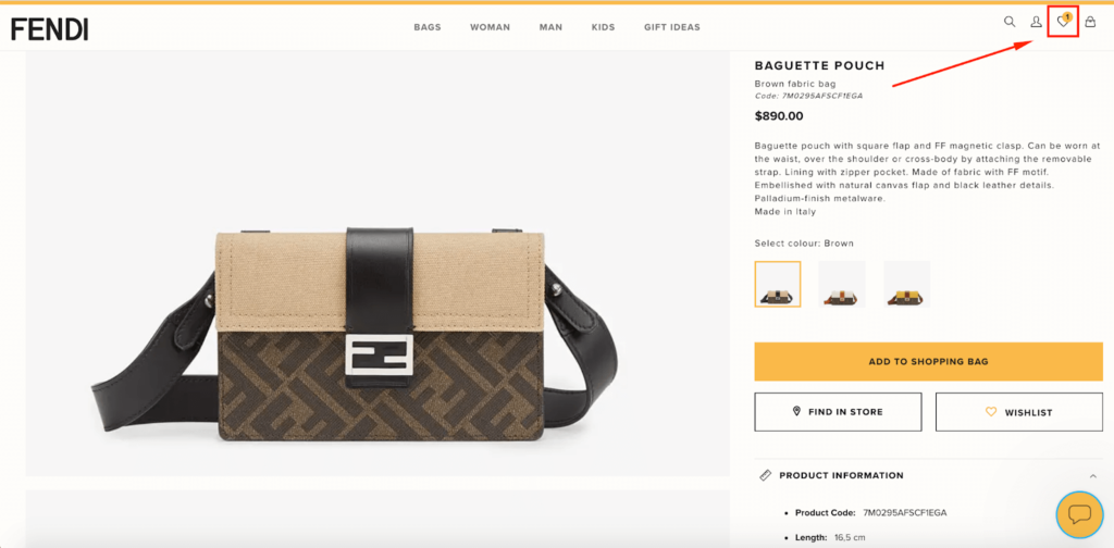 Fendi See Favorites Button E-Commerce Wishlist Example