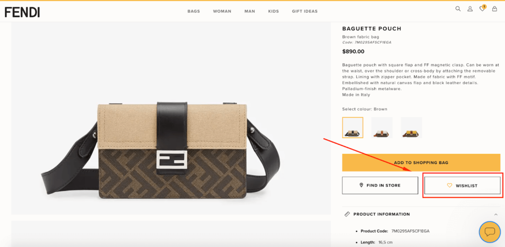 Fendi Wishlist CTA Button E-Commerce Wishlist Example