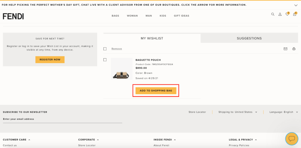 Fendi Wishlist Page E-Commerce Wishlist Example