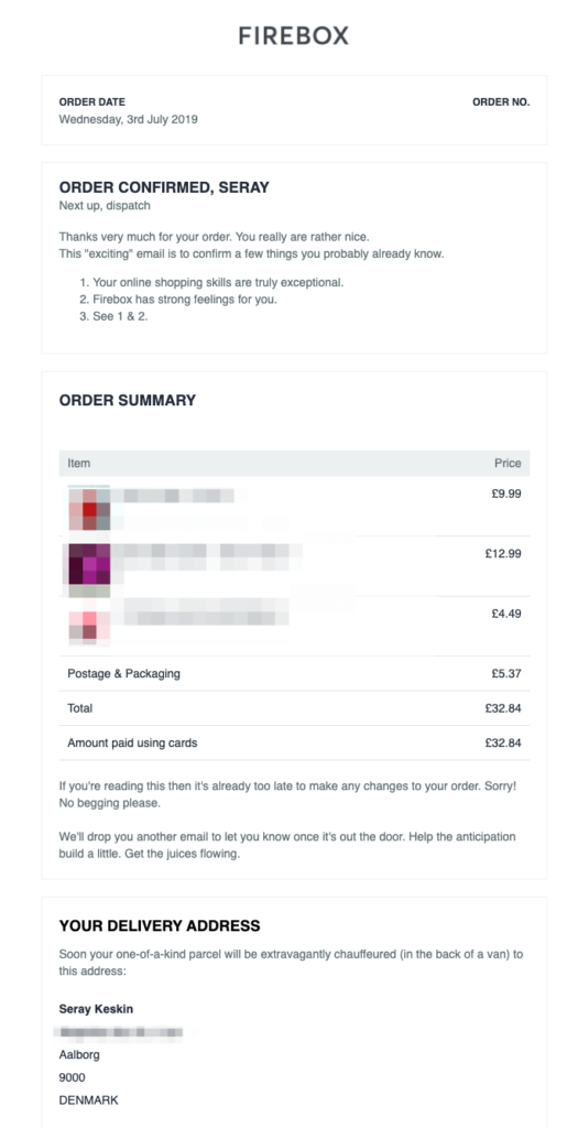Firebox Order Confirmation Email