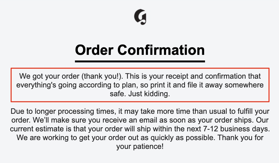 Glossier Order Confirmation Email Example