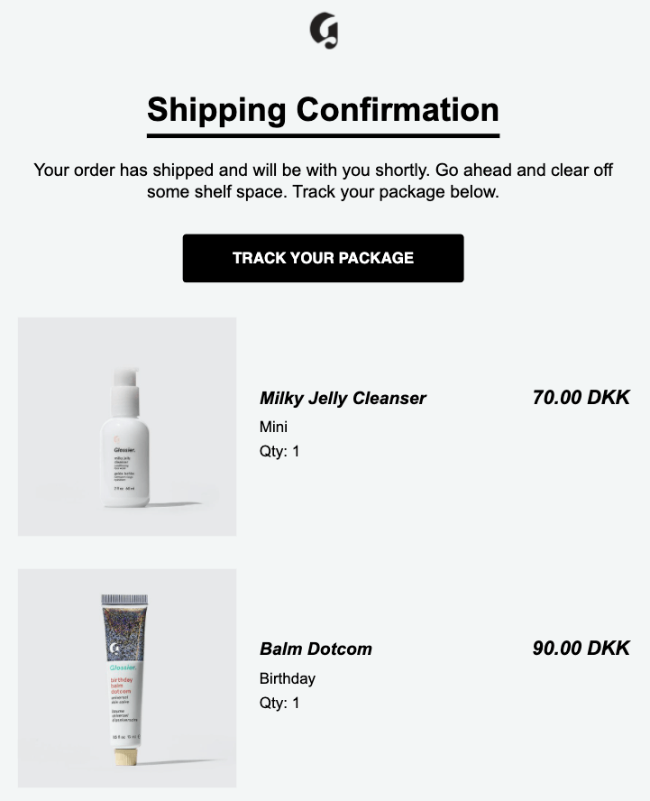 Glossier Shipping Confirmation Email