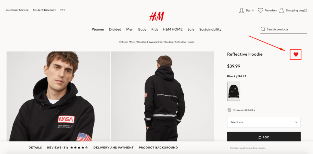 H&M Favorited Button E-Commerce Wishlist Example