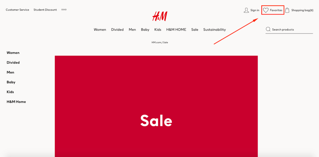 H&M Favorites E-Commerce Wishlist Example