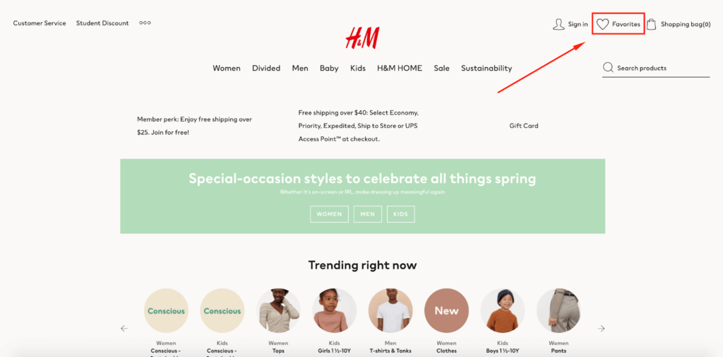 H&M Favorites on Homepage E-Commerce Wishlist Example