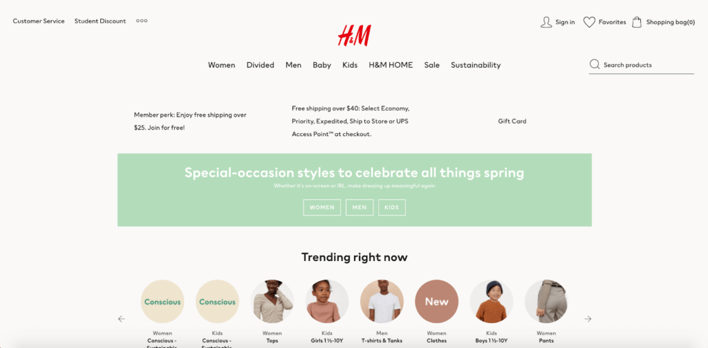 H&M Homepage E-Commerce Wishlist Example
