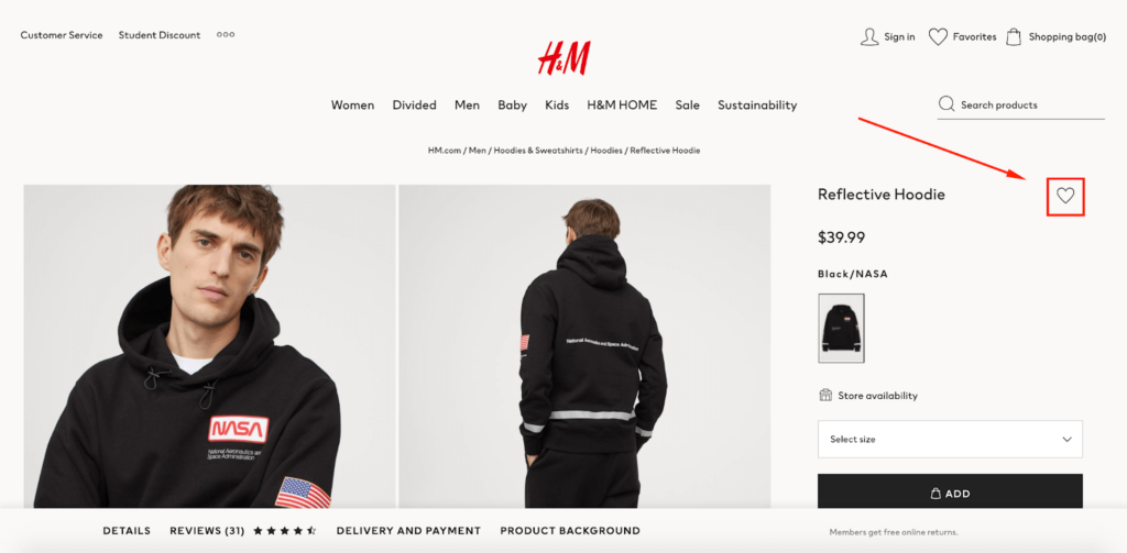 H&M Product Page E-Commerce Wishlist Example