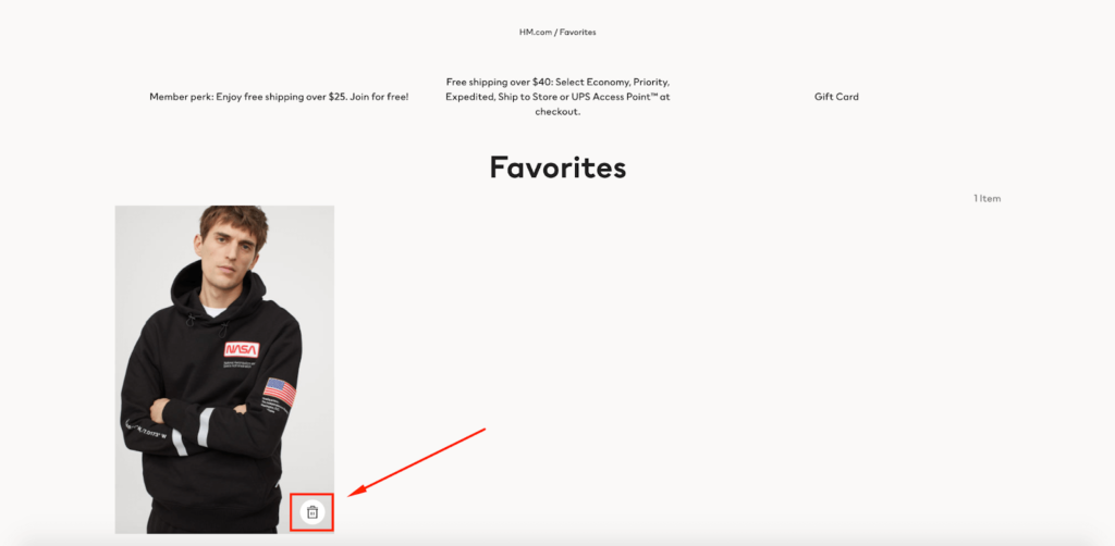 H&M Remove from Favorites E-Commerce Wishlist Example