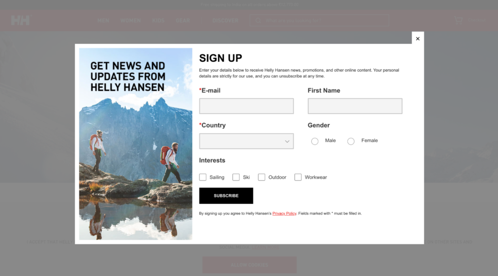 Helly Hansen Email Popup