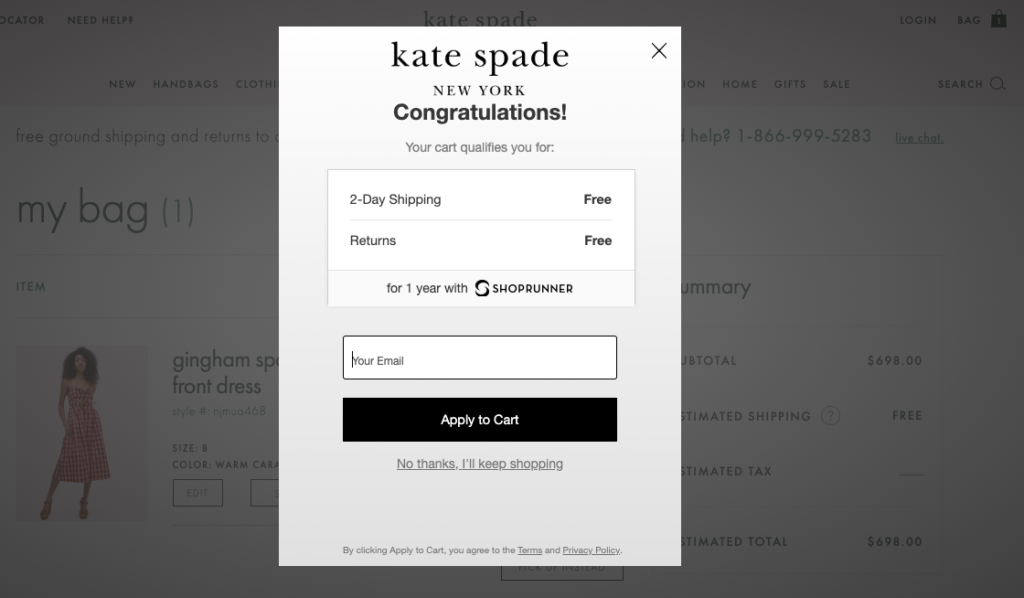 Kate Spade Free Shipping Popup
