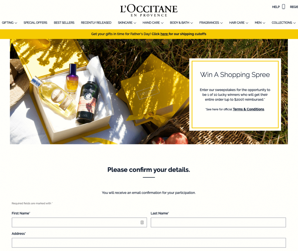 L_Occitane Giveaway Entry Landing Page