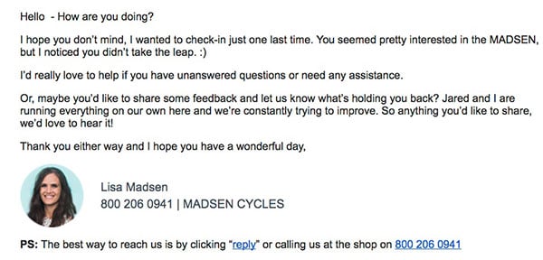 Madsen Cycles Follow-Up Email